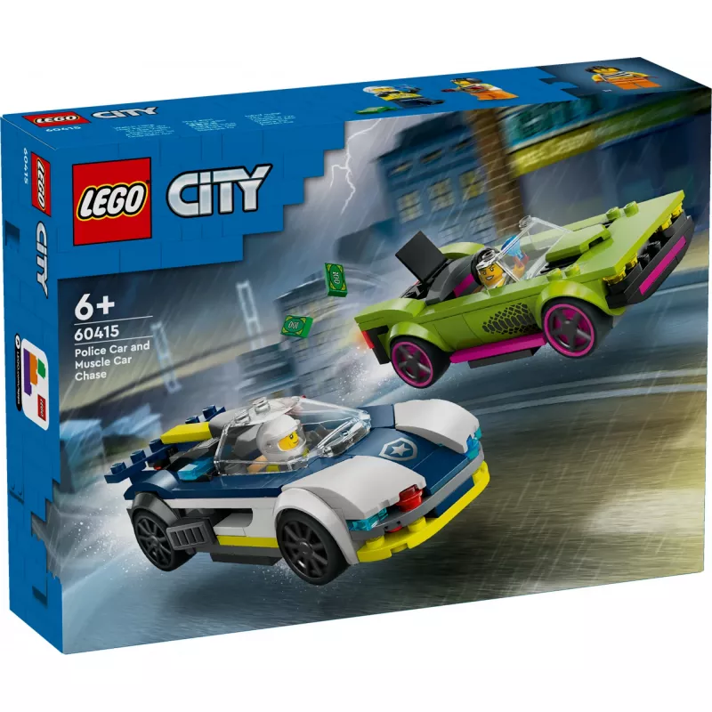 LEGO City rinkinys 60415 Policijos automobilio ir sportinio automobilio gaudynės — 213 dalių, 2 minifigūrėlės, amžius 6+