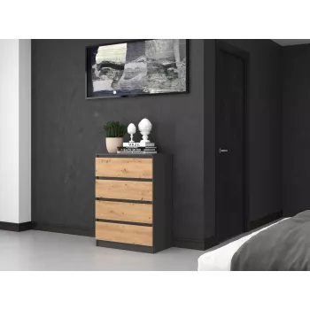 Komoda Top e Shop M4 ANTRACYT/ARTISAN — 4 stalčiai, antracito ir ąžuolo apdaila, 700×400×970 mm, medžio drožlių plokštė