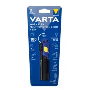 Rankinis darbo žibintas Varta Work Flex Juoda LED, 100 lm, integruota baterija, 6 val., aliuminis/nailonas/polikarbonatas/guma, 120 mm