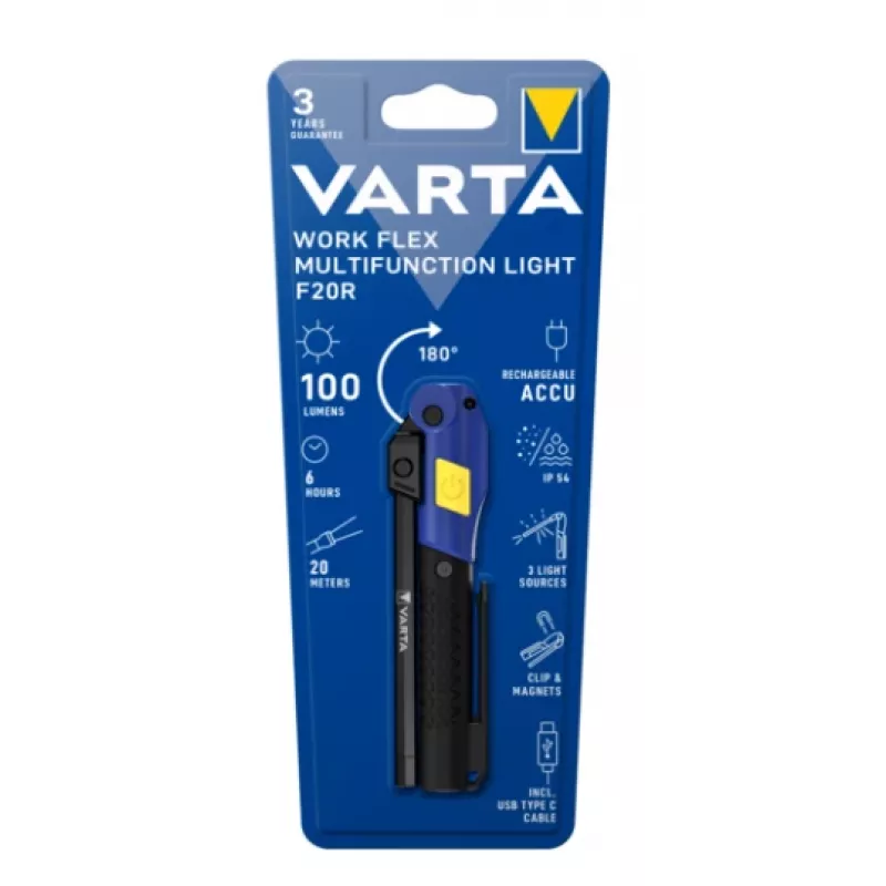 Rankinis darbo žibintas Varta Work Flex Juoda LED, 100 lm, integruota baterija, 6 val., aliuminis/nailonas/polikarbonatas/guma, 120 mm