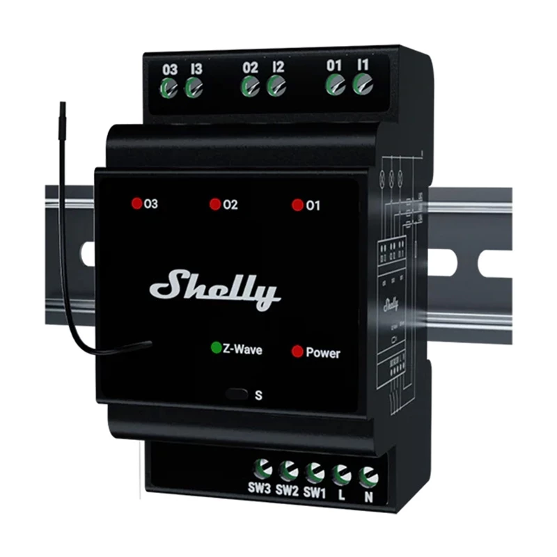 DIN bėgio išmanioji relė Shelly WavePro3 3 kanalų Z-Wave, 110–240 V, 25 A kanalui, AES-128, DIN montavimas