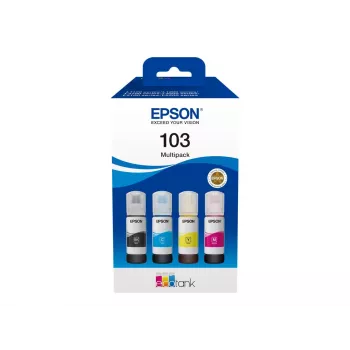 Rašalo kasečių rinkinys Epson EcoTank 103 — Originalių 4 spalvų rinkinys (Juoda, Žydra, Purpurinė, Geltona), Juoda 4500 psl., Spalvota 7500 psl.