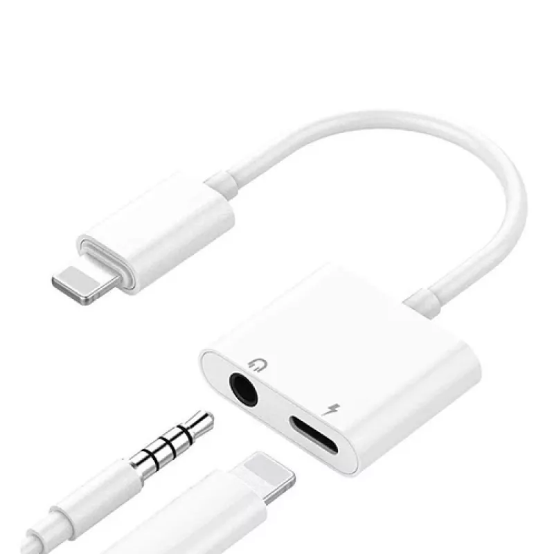 Dvigubas adapteris, skirtas „iPhone Lightning“ – 3,5 mm ausinėms ir įkrovikliui