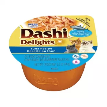 Šlapias kačių maistas INABA Dashi Delights Tuno recepto dėkle 70 g — papildomas suaugusių kačių pašaras, 90% drėgmės