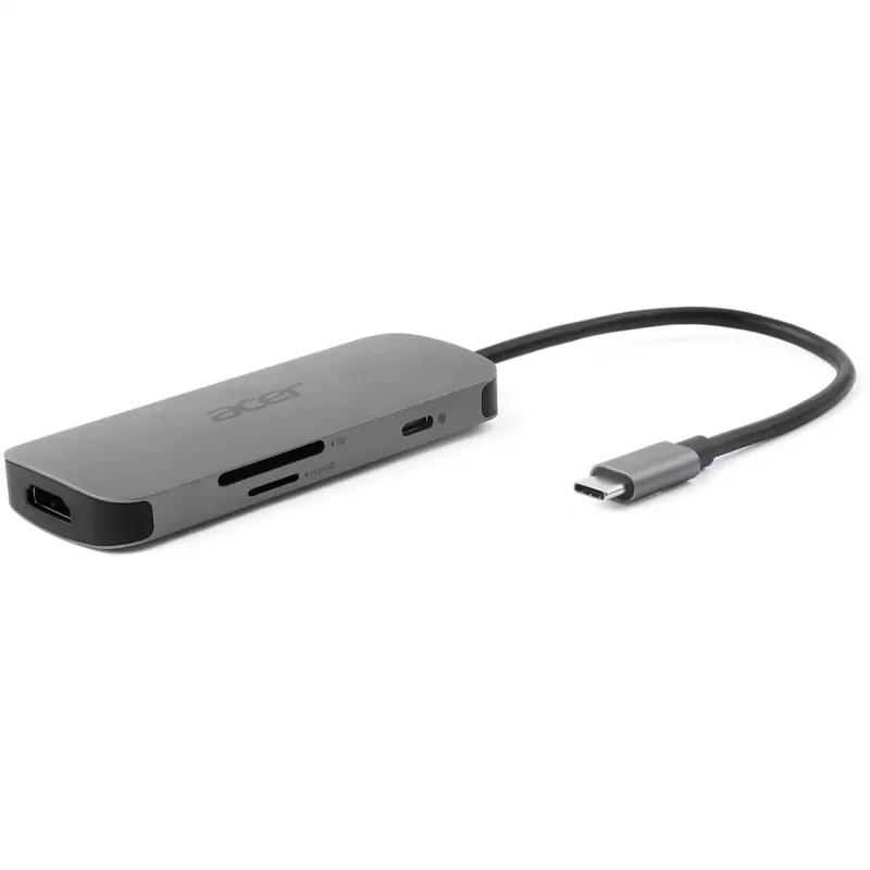 7‑in‑1 USB‑C Dongle Acer — USB 3.2 Gen 1 Type‑C, 3x USB‑A, HDMI, SD/MicroSD, 100 W PD, sidabrinis