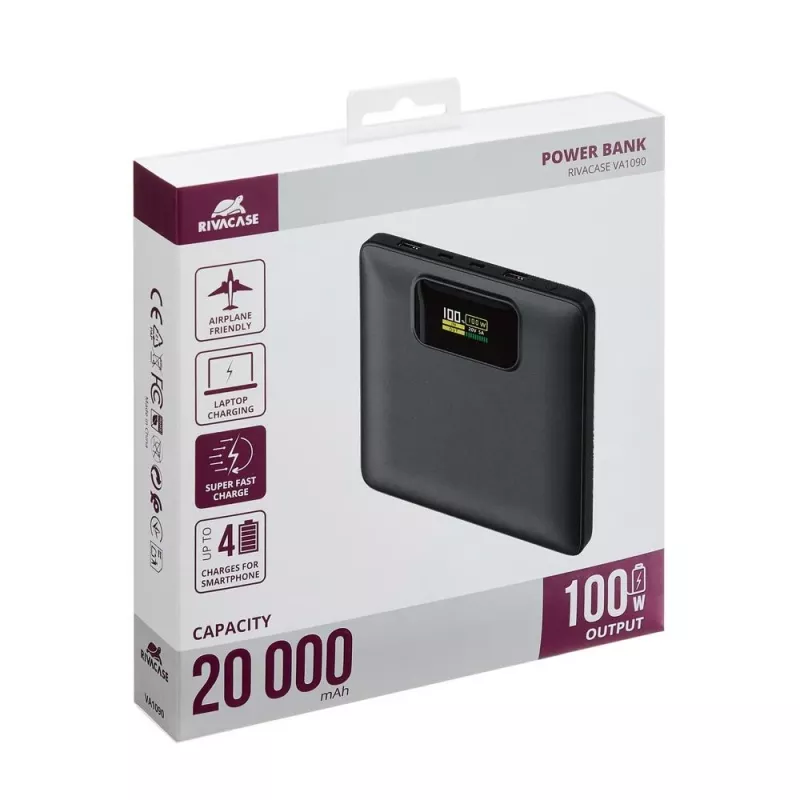 Išorinė baterija Rivacase VA1090 — 20000 mAh, 77 Wh, bendra išėjimo galia 100 W, 440 g
