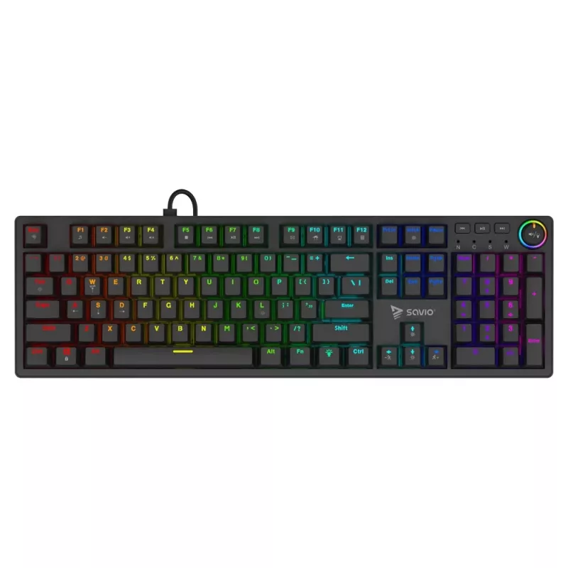 Mechaninė žaidimų klaviatūra SAVIO STYX Outemu Red — pilno dydžio 104 klavišų USB laidinė, RGB, ANSI US International, 1,5 m, juoda