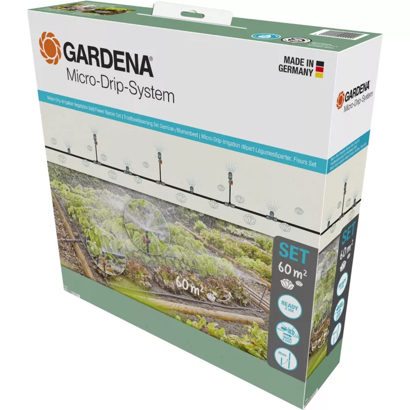 „Micro-Drip-System“ laistymo rinkinys daržui/gėlynui 60 m², lašintuvas juodas/pilkas, modelis 2023