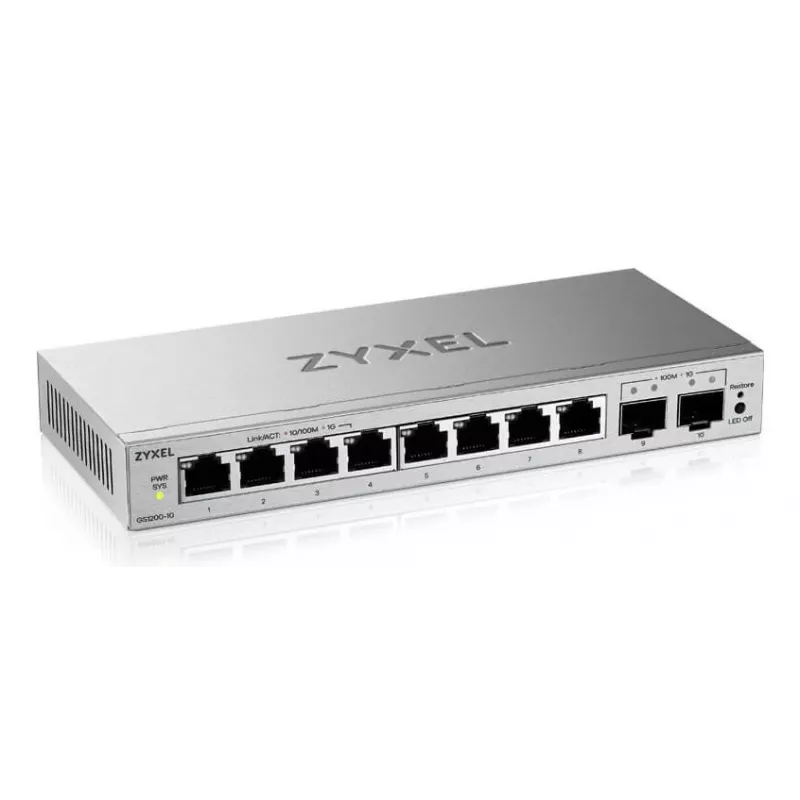 Valdomas L2 gigabito komutatorius Zyxel GS1200-10v3 — 8x Gigabit (10/100/1000), 20 Gbps, MAC 4000, stalinis, pilkas