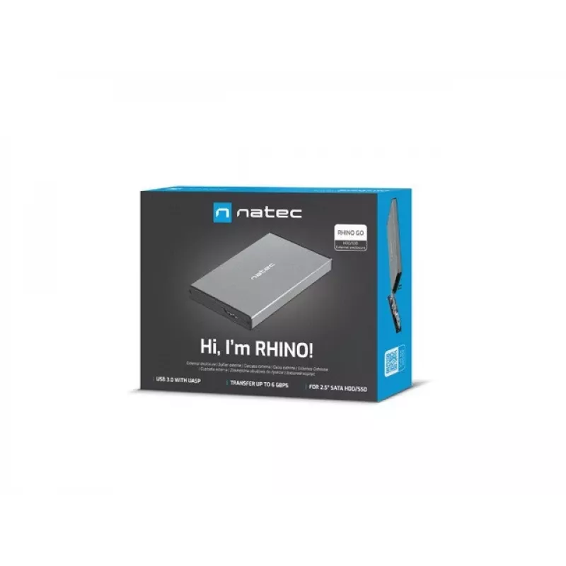 Išorinio HDD/SSD korpusas NATEC Rhino GO — 2,5 colio SATA, 9,5 mm, USB 3.0, aliuminis, pilkas, iki 4 TB