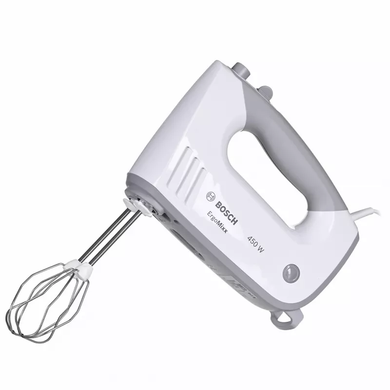 Rankinis plaktuvas Bosch MFQ36480 – 450 W, 5 greičių su turbo, pilka/baltas, plakikliai ir tešlos kabliai