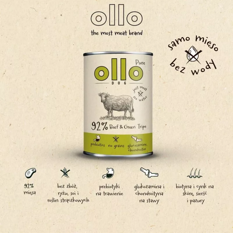 Šlapias šunų maistas OLLO Pure Beef and Green Tripe 400 g skardinė — suaugusiems, baltymai 14,5%, riebalai 11,9%, drėgmė 69%