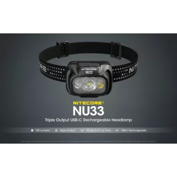 Antgalinis žibintuvėlis Nitecore NU33, juodas, 3 šviesos diodai, 700 liumenų, aliuminis, įkraunamas per USB, IP66