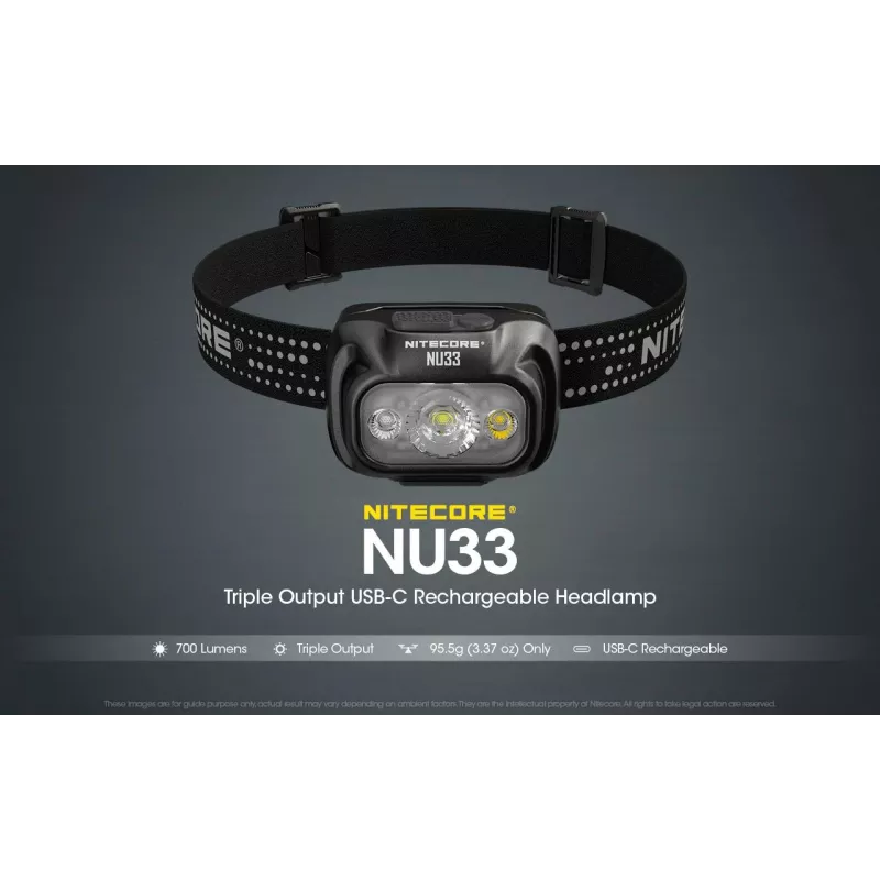 Antgalinis žibintuvėlis Nitecore NU33, juodas, 3 šviesos diodai, 700 liumenų, aliuminis, įkraunamas per USB, IP66
