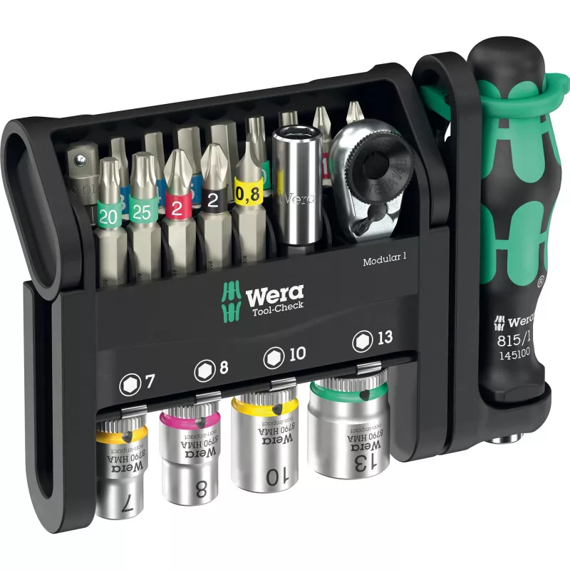 Įrankių rinkinys Wera Tool-Check Modular Set 1 – 50 dalių modulinis dirbtuvių rinkinys, įvairūs antgaliai ir lizdai