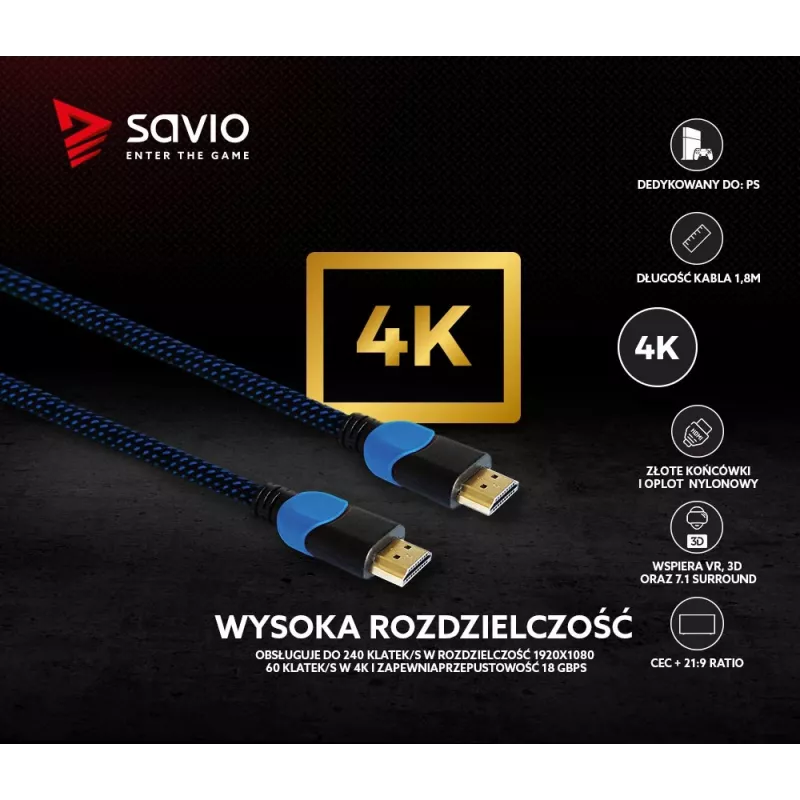 Savio GCL-02 HDMI kabelis 1,8 m HDMI A tipo (standartinis) juoda, mėlyna
