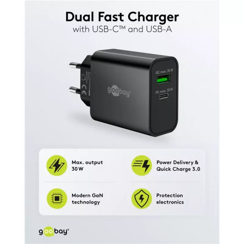 Goobay USB-C PD GaN dvigubas greitasis įkroviklis 30 W juodas (75335)