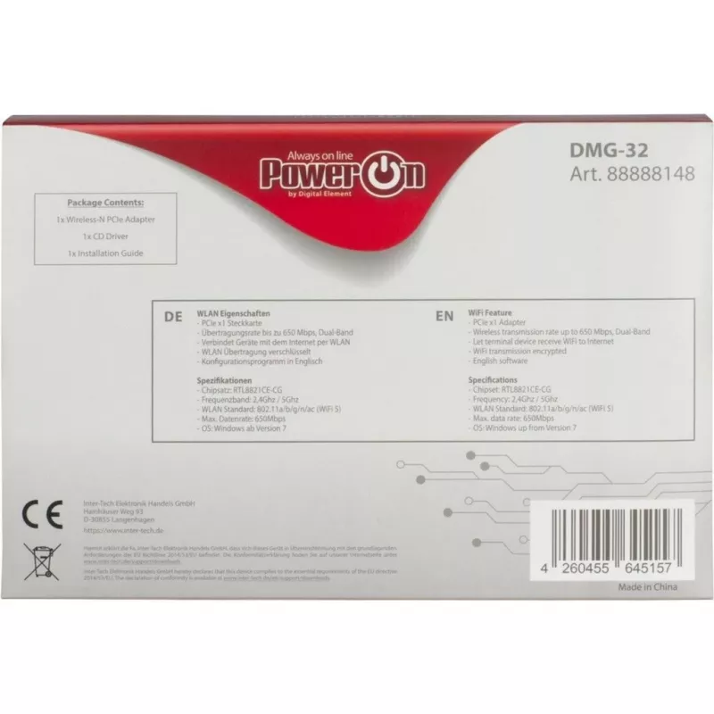 Inter-Tech DMG-32 - Integruotas - Belaidis - PCI Express - Wi-Fi - 650 Mbit/s - Juoda - Sidabrinė (88888148)
