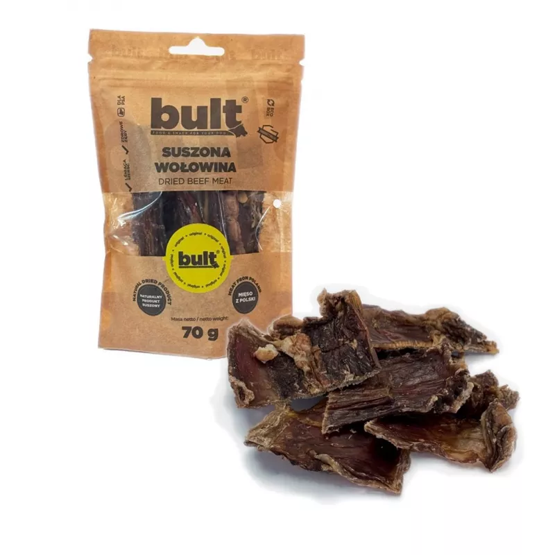 Šunų skanėstas BULT Eko Džiovinta jautiena 70 g — vieno ingrediento dehidratuotas jautienos užkandis šunims, baltymų 67,2%, riebalų 15,7%