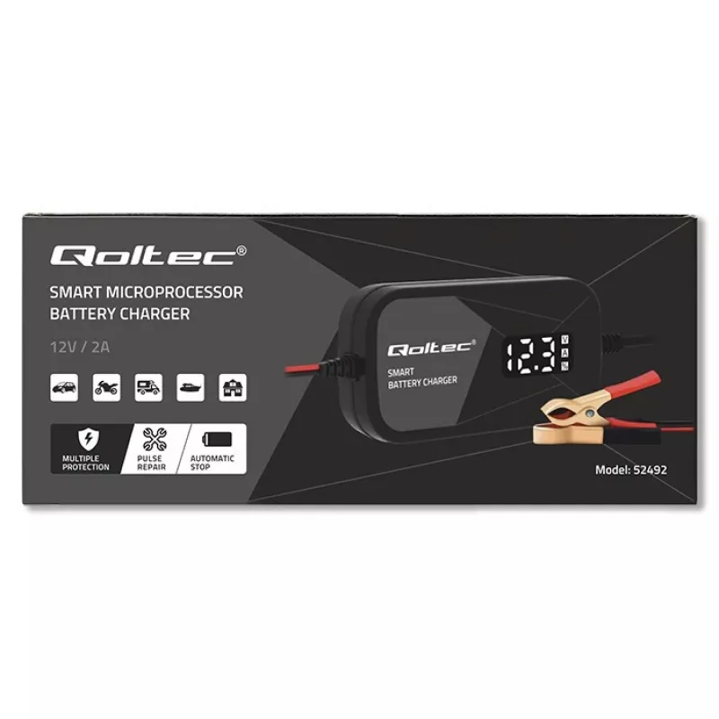 Baterijų įkroviklis QOLTEC 52492 12V 2A su mikroprocesoriniu valdymu ir elementų regeneracija
