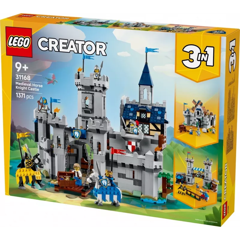 Konstruktorius LEGO Creator 3-in-1 viduramžių riterio pilies rinkinys 31168 — 1371 dalis, 6 mini figūrėlės, amžius 9+