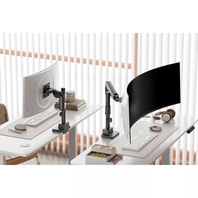 Monitoriaus laikiklis DIGITUS Single, spaustuvas, iki 57 colių, 27 kg talpa, VESA 75x75–100x100, reguliuojamas aukštis, pakreipimas -75° iki 75°, juodas