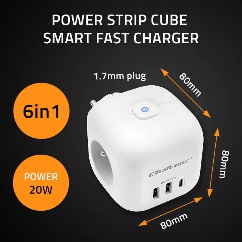 Maitinimo lizdų blokas QOLTEC 52548 su 3×AC lizdais ir USB prievadu