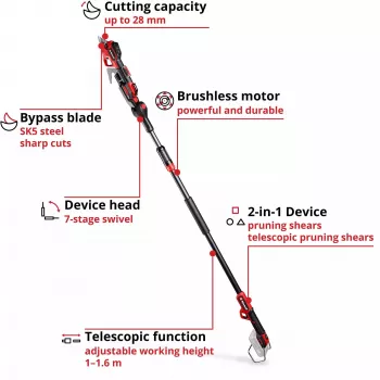 Genėjimo žirklės EINHELL GP-LS 18/28 Li T BL-Solo — belaidės teleskopinės apėjamosios genėjimo žirklės, 18 V, pjovimo geba 2,8 cm, aliuminio rankena