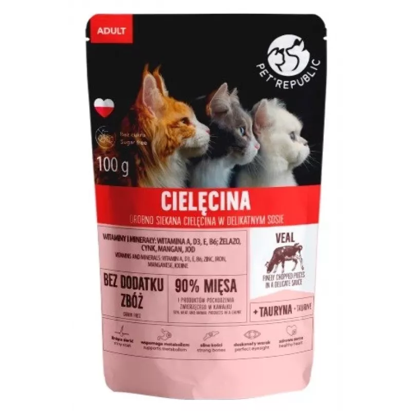 Kačių maisto maišelis PetRepublic ADULT 100 g – filė su veršienos gabaliukais