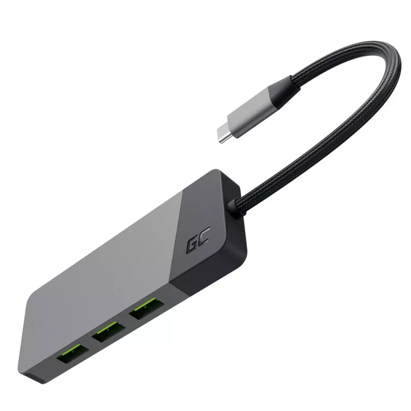 USB Type‑C šakotuvas Green Cell HUBGC01 — 7 prievadai: 3×USB‑A 3.2 Gen 1, 1×USB‑C 3.2 Gen 1, HDMI, microSD+SD kortelių skaitytuvas — sidabrinis