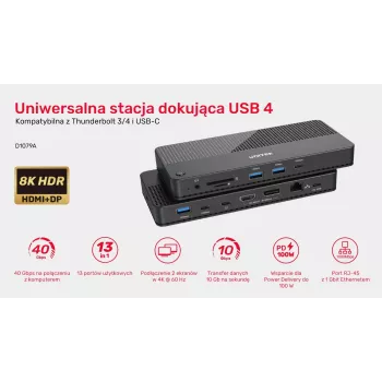 Dokingo stotelės UNITEK D1079A USB4 laidinė juoda 100W maitinimo tiekimas