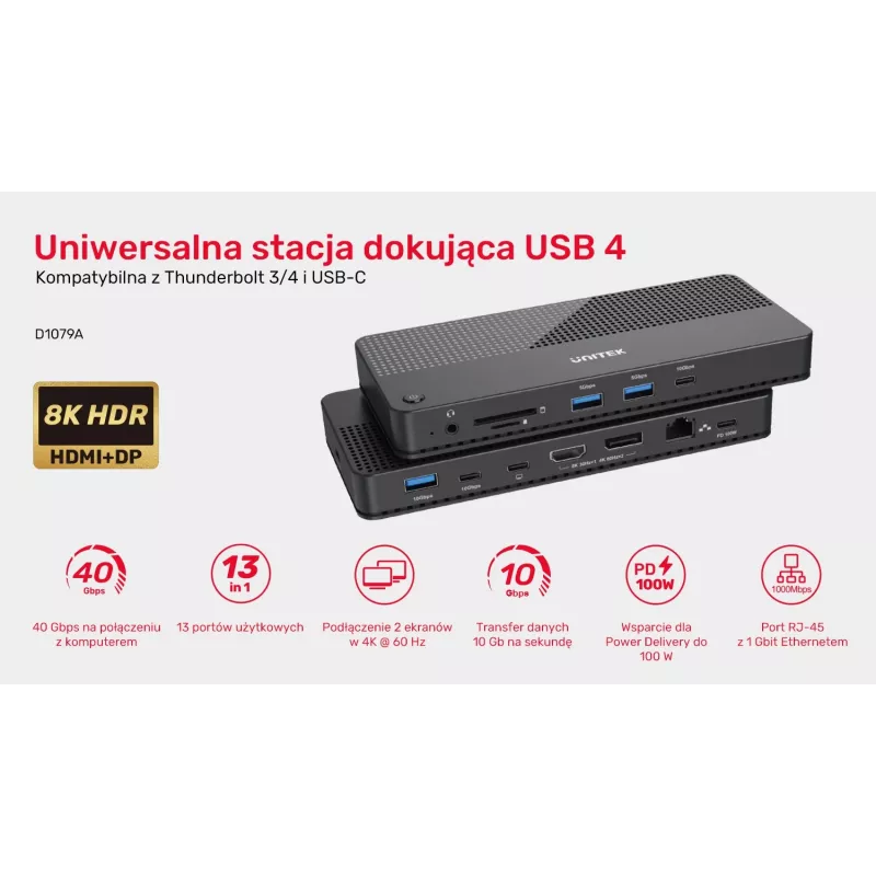 Dokingo stotelės UNITEK D1079A USB4 laidinė juoda 100W maitinimo tiekimas