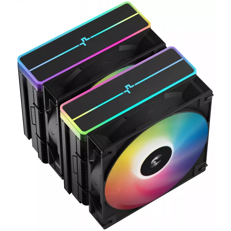 Oro aušintuvas DeepCool AG620 BK ARGB V2 — 120 mm dvigubas ventiliatorius, 6 šilumos vamzdeliai, LGA 1700/AM4/AM5 palaikymas, juodas