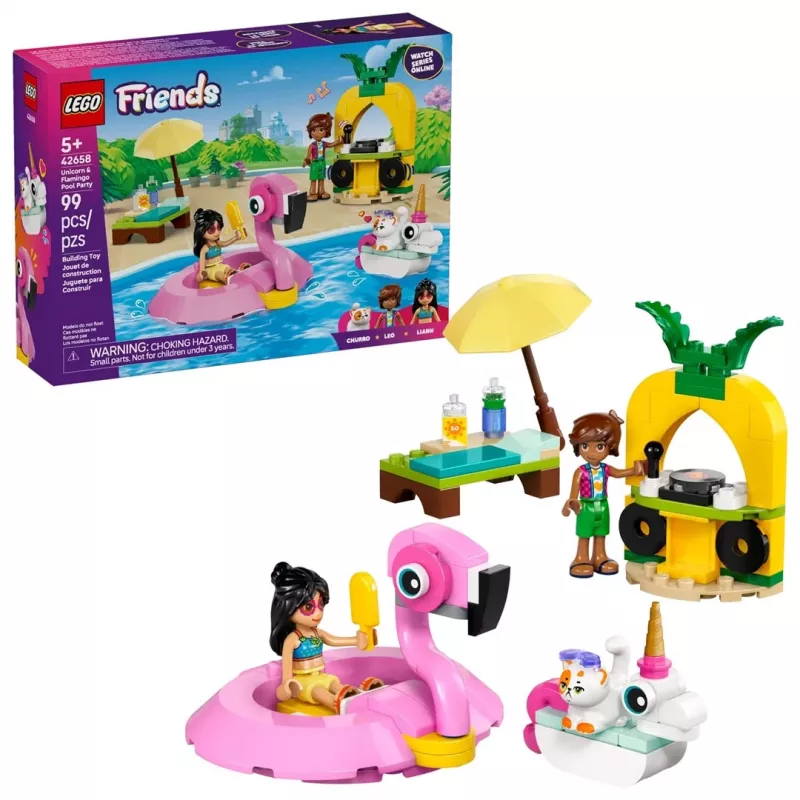 LEGO Friends rinkinys 42658 baseino vakarėlis su vienaragiu ir flamingu, personažais ir aksesuarais