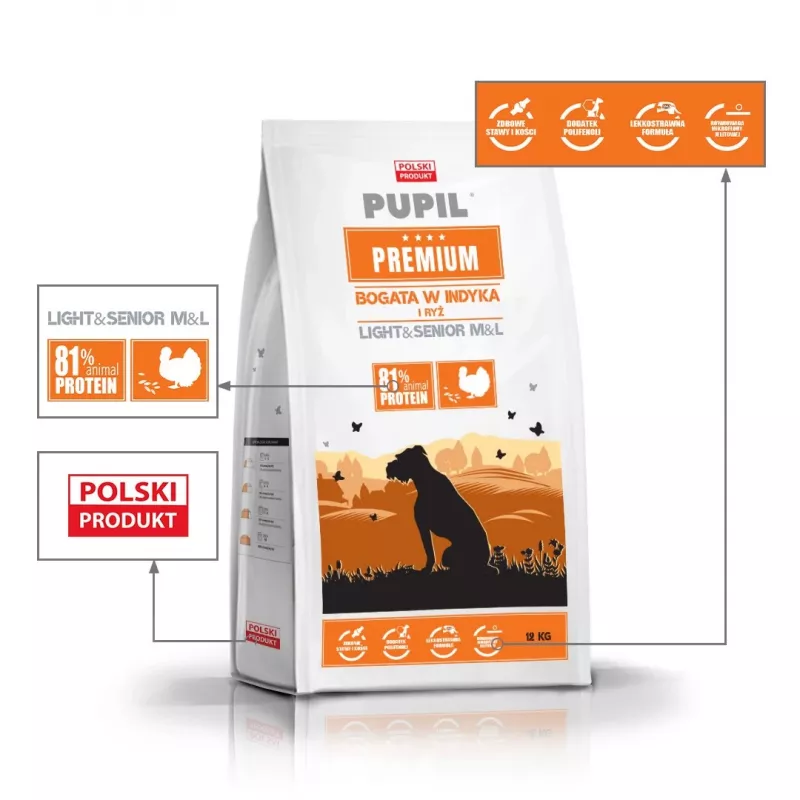 PUPIL Premium Light&Senior vidutinėms ir didelėms veislėms, gausus kalakutiena ir ryžiais - sausas šunų maistas - 12kg