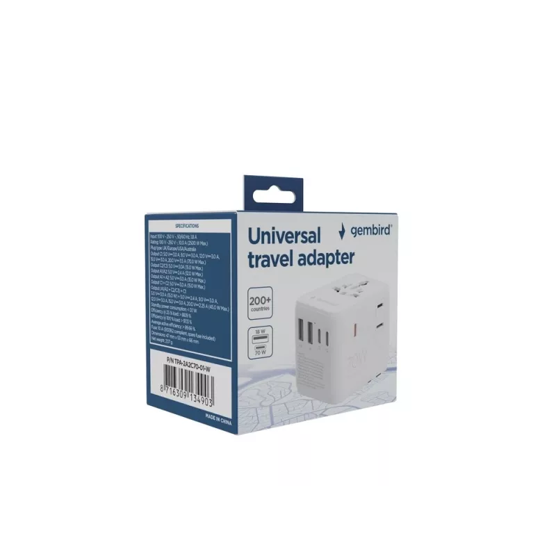 Keliautojų adapteris GEMBIRD TPA-2A3C70-01-W — I tipo kištukas, 3× USB-C (70 W), 2× USB-A (18 W), 100–250 V, baltas