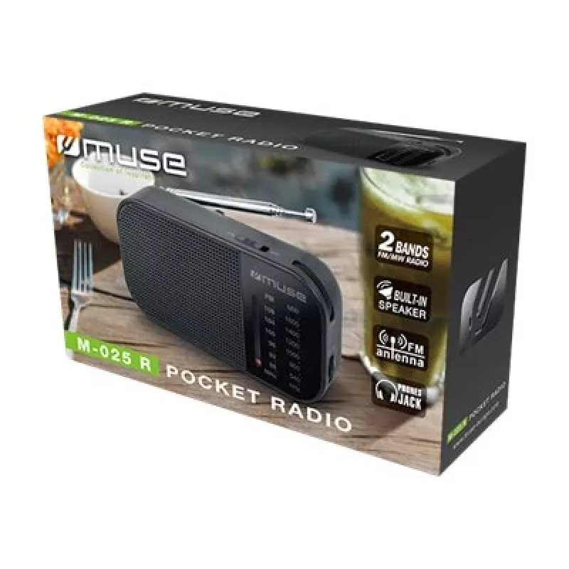 Nešiojamasis radijo imtuvas Muse M-025 R — MW/FM, juodas, maitinamas baterijomis, kompaktiškas (32×130×70 mm)
