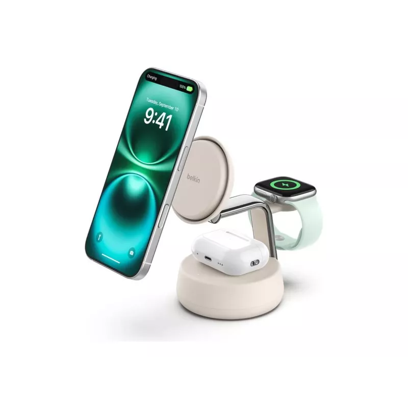 Belaidis USB įkroviklis Belkin Qi2 WIZ040KQSD — 25 W, USB maitinimas, 1,5 m laidas, baltas, skirtas išmaniajam telefonui, išmaniajam laikrodžiui, ausinėms, kūno rengybos stebėjimo prietaisui