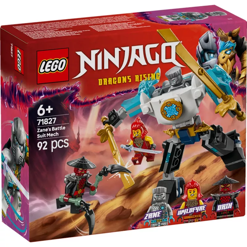 LEGO NINJAGO rinkinys 71827 Zane's Battle Suit Mech, 92 dalys, 2 minifigūrėlės, aukštis 100 mm, amžius 6+