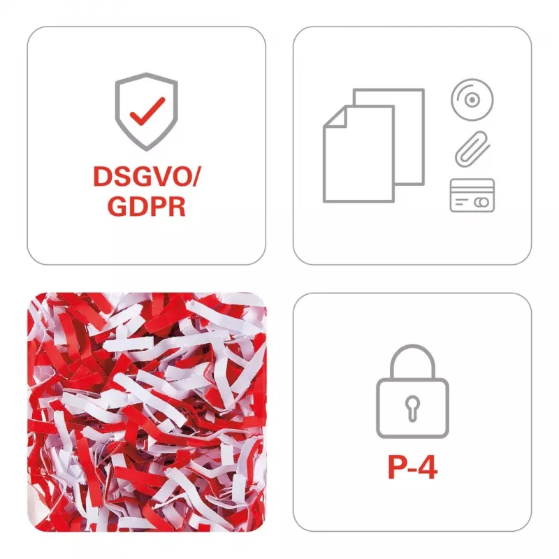 Smulkintuvas HSM Pure 420 – dalelių pjovimas P-4, 24 cm darbinis plotis, 15 lapų talpa, 35 l dėžė, balta