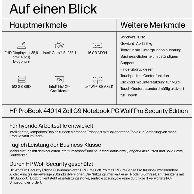 HP ProBook 440 G9 14 colių nešiojamasis kompiuteris, Intel Core i5-1235U, 16 GB, 512 GB SSD, Windows 11 Pro