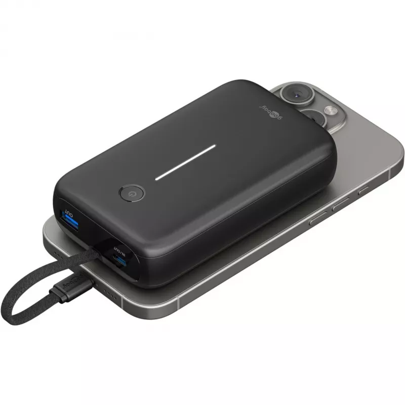 Powerbank 20.000 mAh, integruotas USB-C laidas 13cm, 30 W (juoda, 20 Ah, 1x USB-A, 2x USB-C, PD, QC)