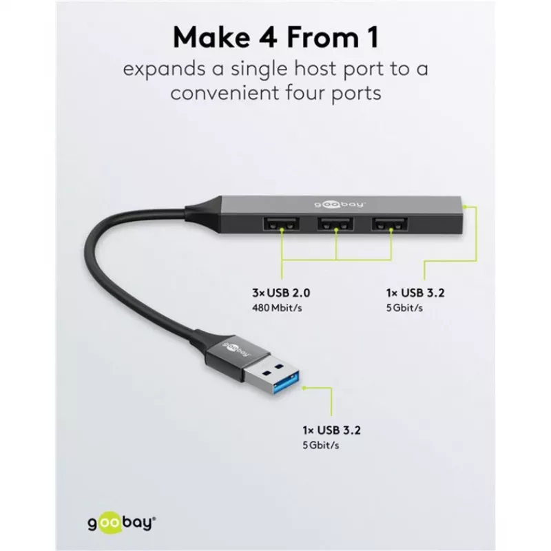 Goobay USB šakotuvas 74456 Type-A 5000 Mbit/s šviesiai pilkas