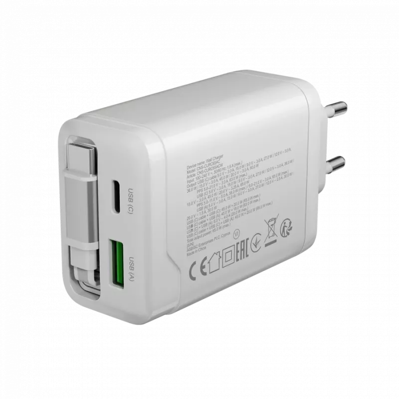 CANYON pakrovėjas OnCharge 65RC su įmontuotu USB-C kabeliu 65W, 1x PD, 1x QC, EU kištukas, Baltas
