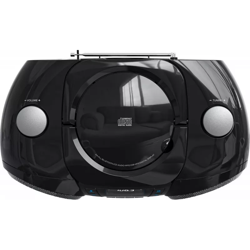 Nešiojamas Bluetooth boombox SENCOR SPT4710B — 20 W bendra galia, Bluetooth 5.3, CD/USB/FM, maitinimas iš baterijų arba elektros tinklo