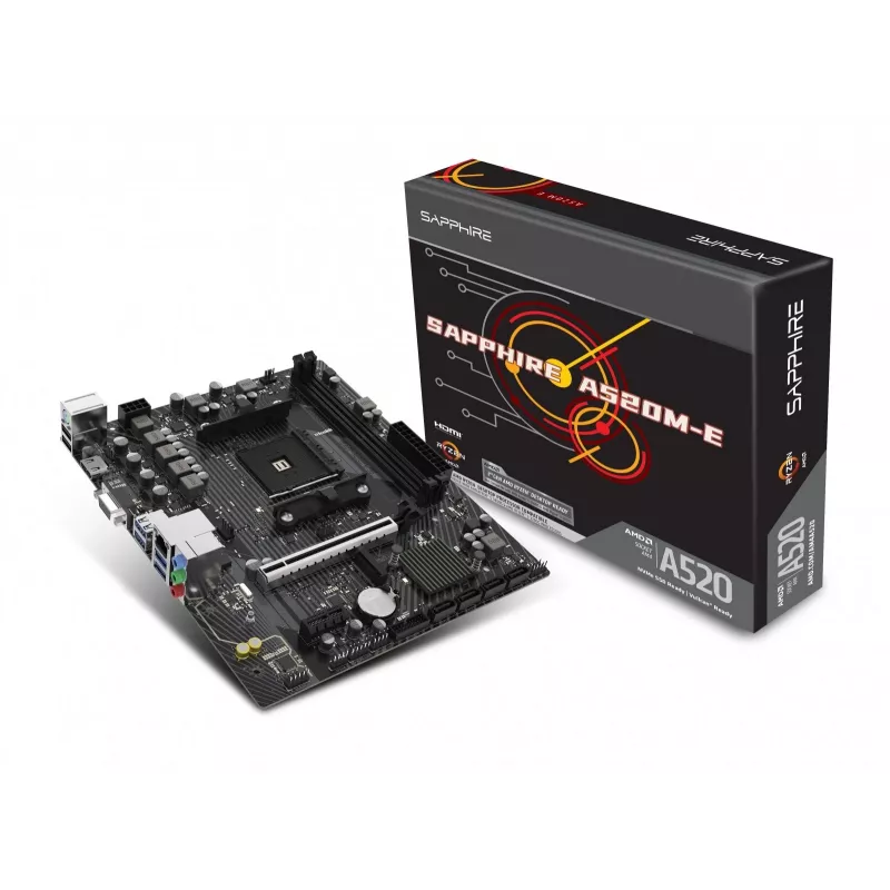 Micro ATX pagrindinė plokštė Sapphire A520M-E, skirta Socket AM4, AMD A520 mikroschemų rinkiniui, 2x DDR4 DIMM, max 64 GB, PCIe 3.0 x16/x1, SATA III, Gigabit LAN