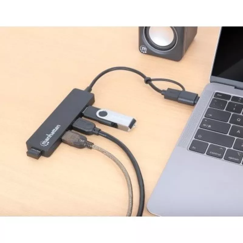 Manhattan USB-C & USB-A Combo Dock/Hub, prievadai (4): USB-A (x4), 5 Gbps (USB 3.2 Gen1, dar žinomas kaip USB 3.0), maitinamas per USB (nereikia išorinio maitinimo šaltinio)