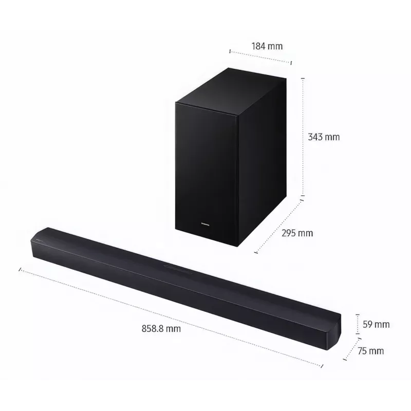 Soundbar Samsung HW-B450F/EN 2.1 kanalų Bluetooth su belaidžiu žemų dažnių garsiakalbiu, 300 W RMS, Dolby Audio, ARC