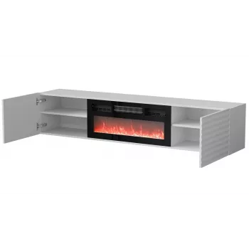 TV spintelė Cama Meble TULA su elektriniu židiniu, 1830×350×370 mm, baltas matinis viršus ir rėmas