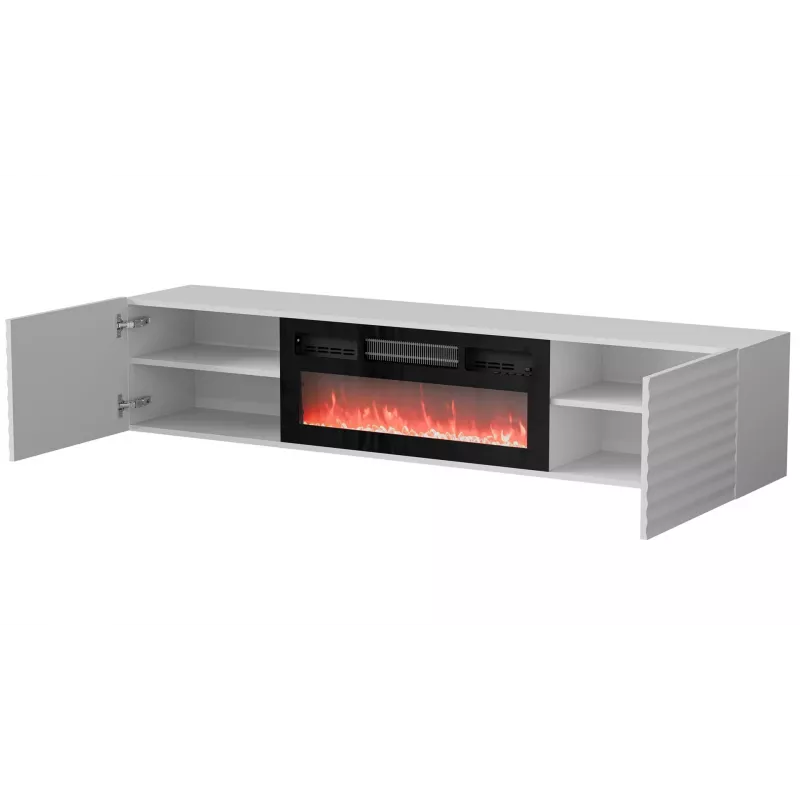 TV spintelė Cama Meble TULA su elektriniu židiniu, 1830×350×370 mm, baltas matinis viršus ir rėmas
